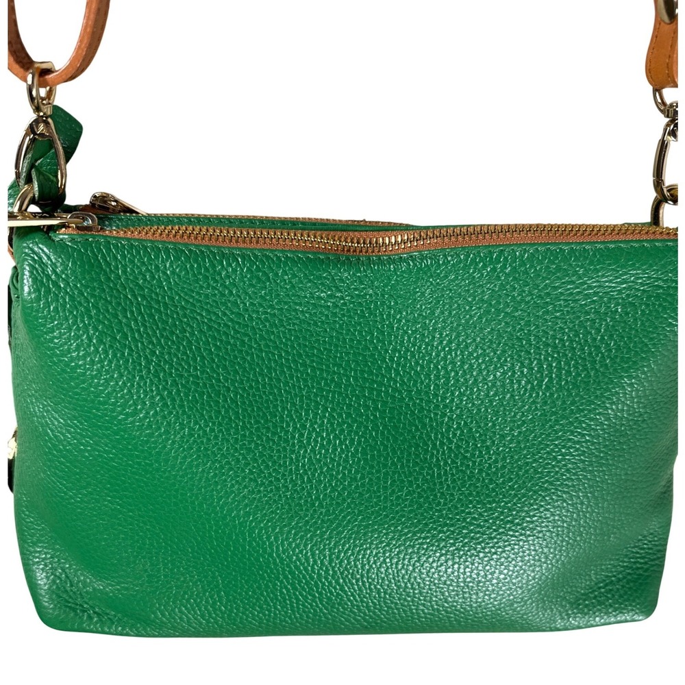 Valentina Green Pebbled Leather Crossbody Bag Made in Italy Tan Straps Gold Tone - Picture 2 of 6